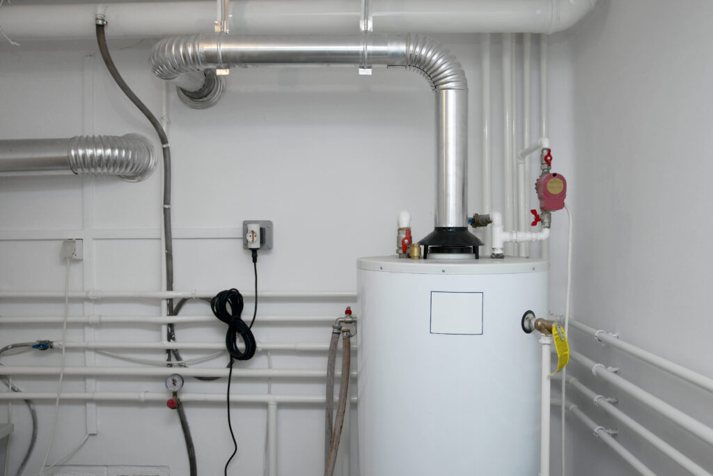 Wide shot of newly installed boiler and connections